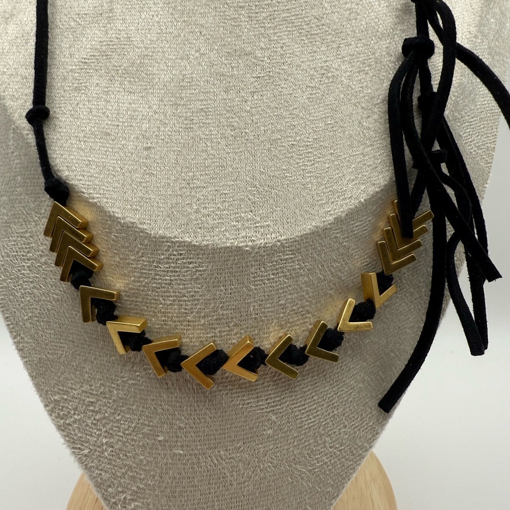 Madewell Chevron Beading and Black Suede Knotting and Fringe Necklace